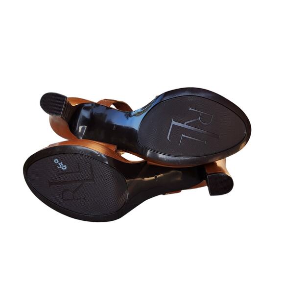 Lauren Ralph Lauren Synthia Cognac Leather Platform Slingback Sandals 10 - Picture 10 of 15